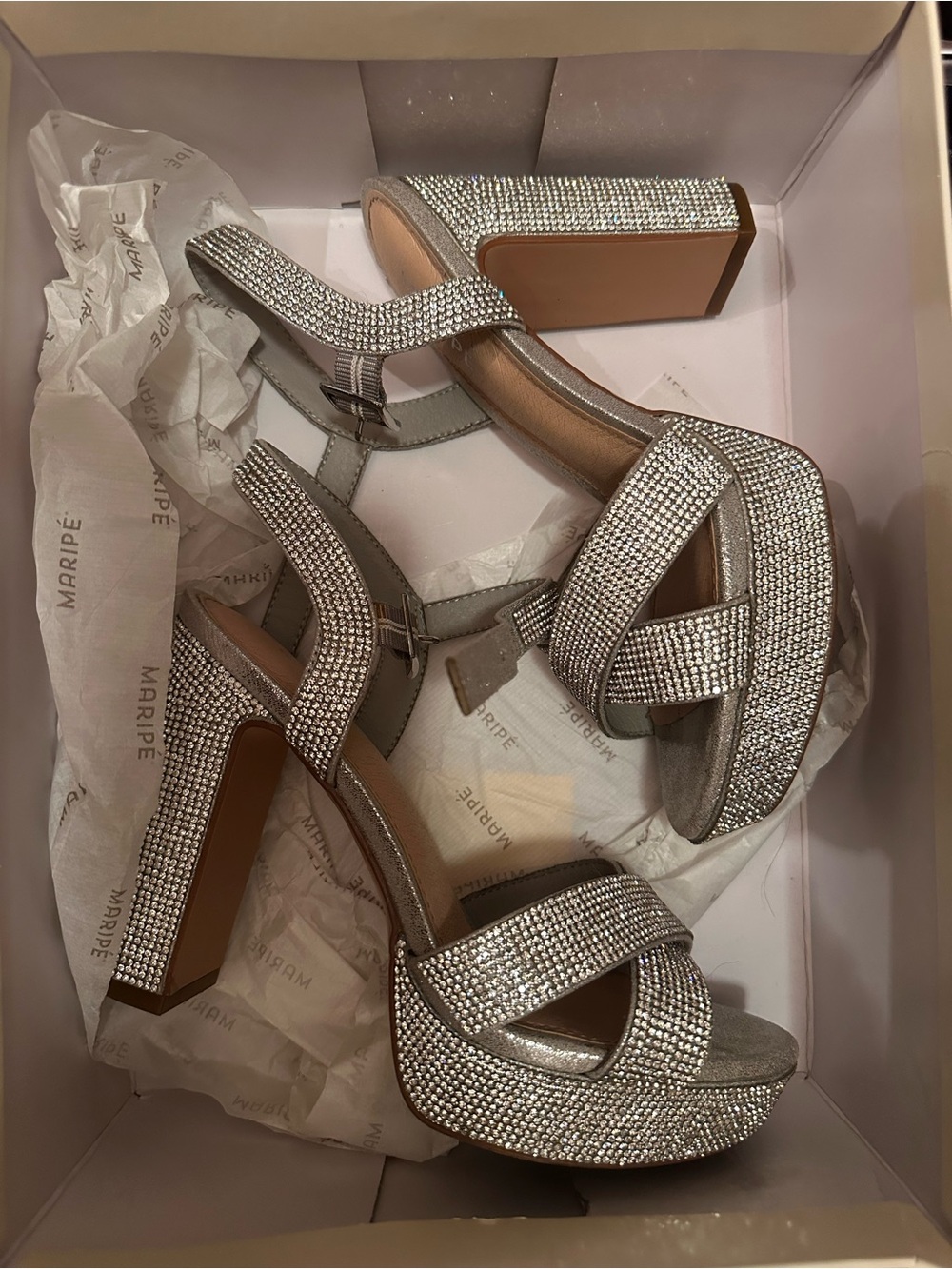 Maripe Silver Crystal Platform Block Heel Sandals